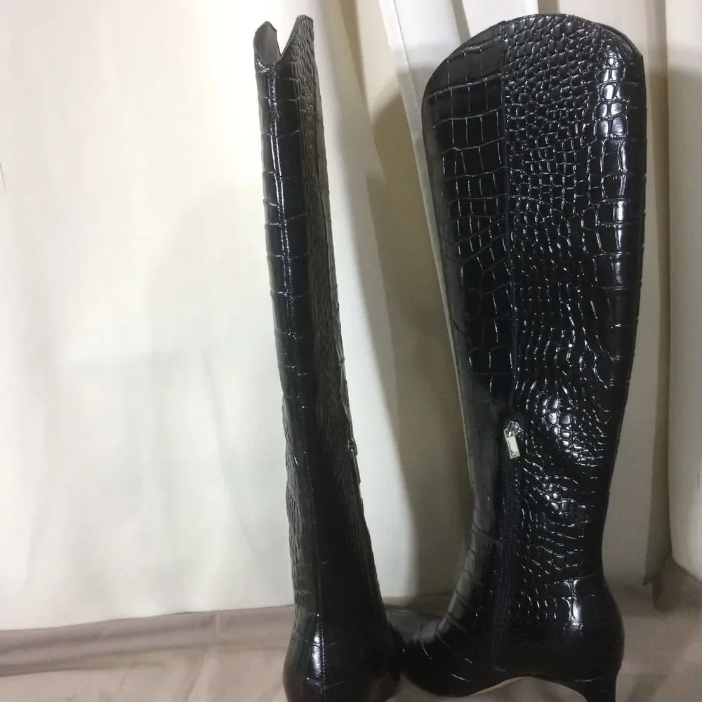 NEW Marc Fisher LTD Quinnie Black Croc Embossed Knee High Boot Size 6.5 Unworn